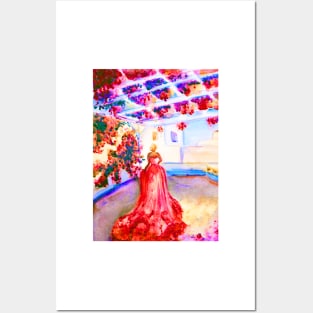 Woman in Greece with pink tail dress under flower pergola Posters and Art